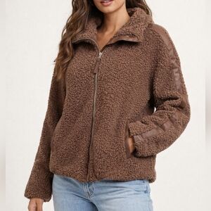 Brown Sherpa Fleece Jacket With Faux Leather Accent Size Small